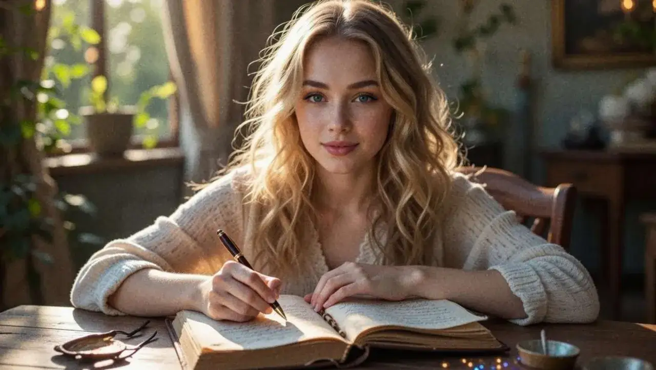 osoba medytująca lub pisząca w dzienniku z inspirującym cytatem