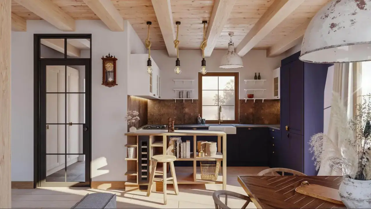 Przytulne wnętrze domu w stylu wiejskim: kuchnia z drewnianymi belkami, wyspą i stylowymi lampami.