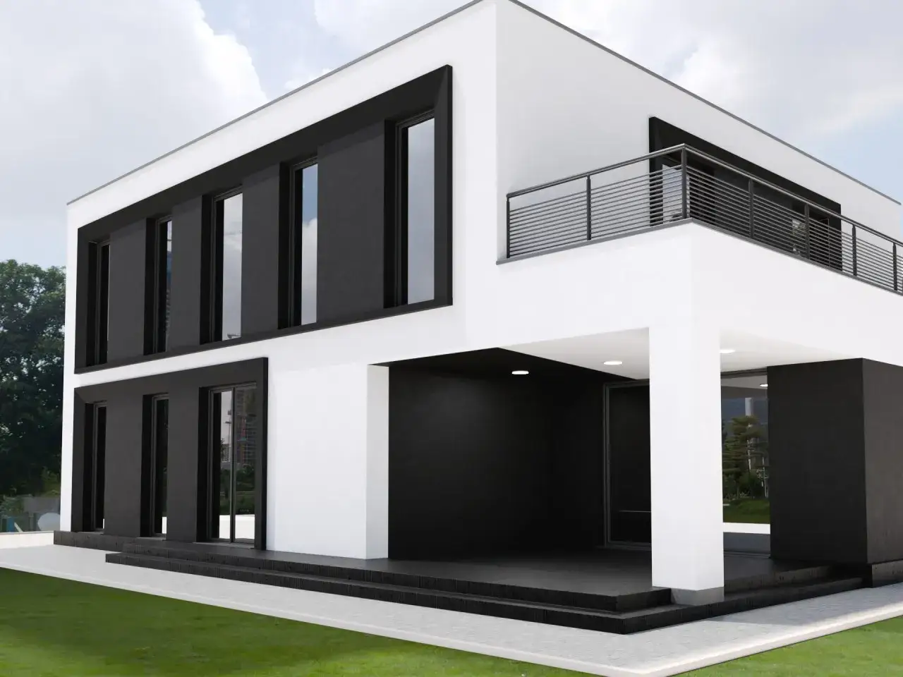 Nowoczesny dom z biało grafitową elewacją, dużymi oknami i balkonem.