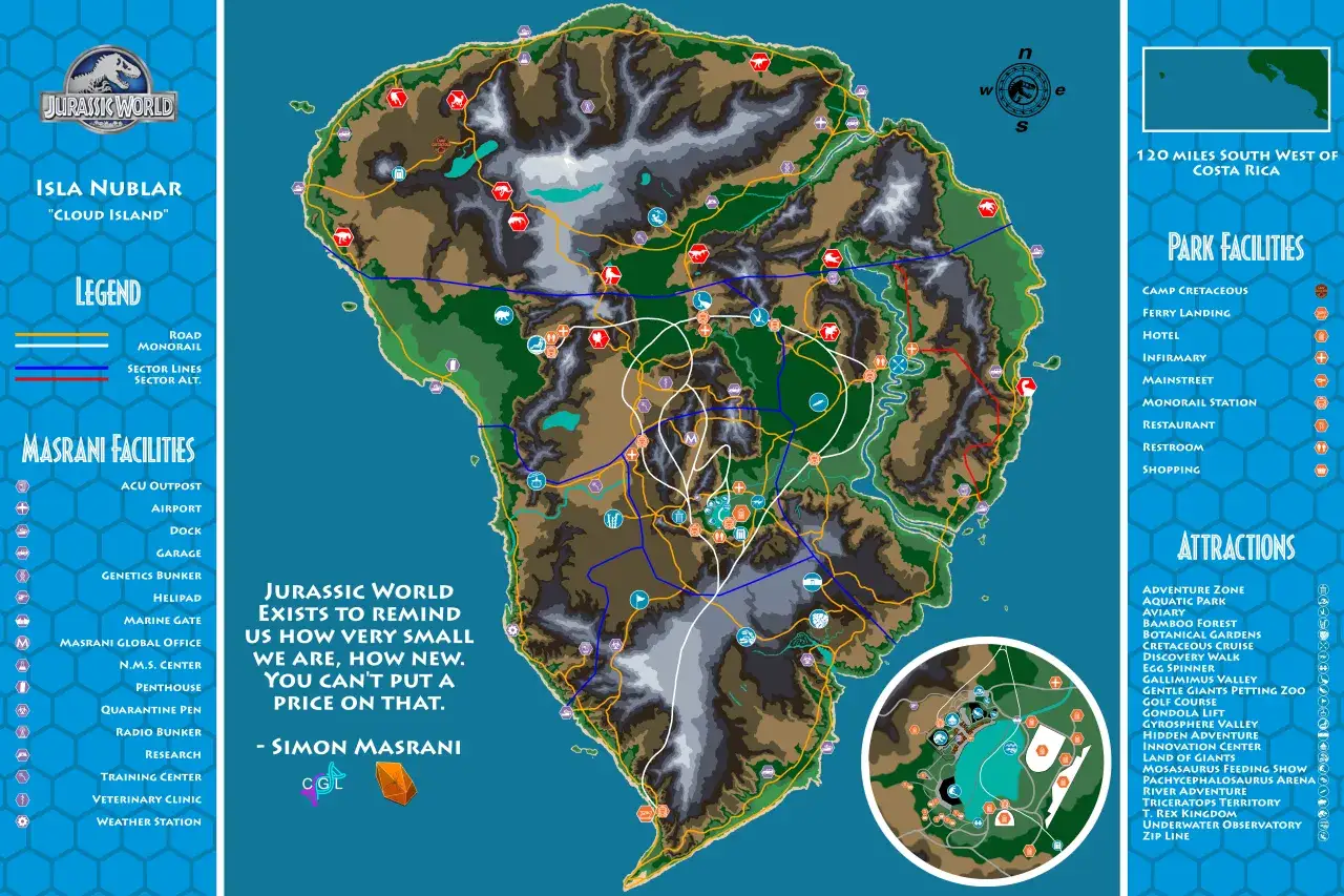 Mapa Isla Nublar z Jurassic World. Planuj swoją podróż, aby przetrwać w świecie dinozaurów.