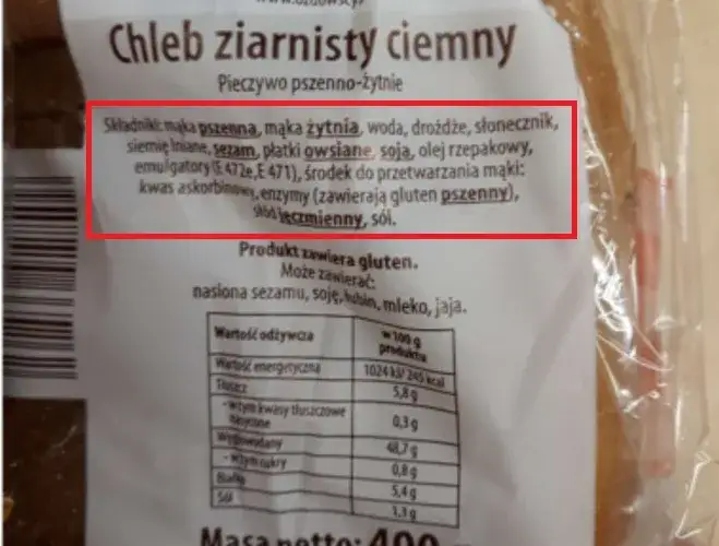 skład chleba razowego etykieta