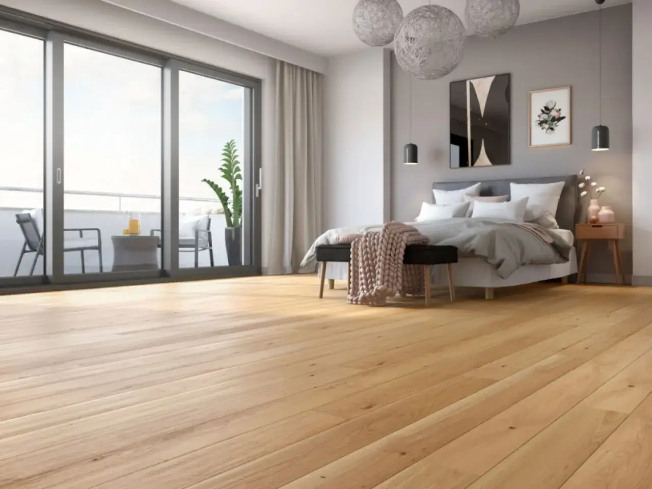 Jasne ściany w sypialni z dębową podłogą tworzą przytulną atmosferę. Idealne pytanie: jaki kolor ścian do dębowej podłogi?