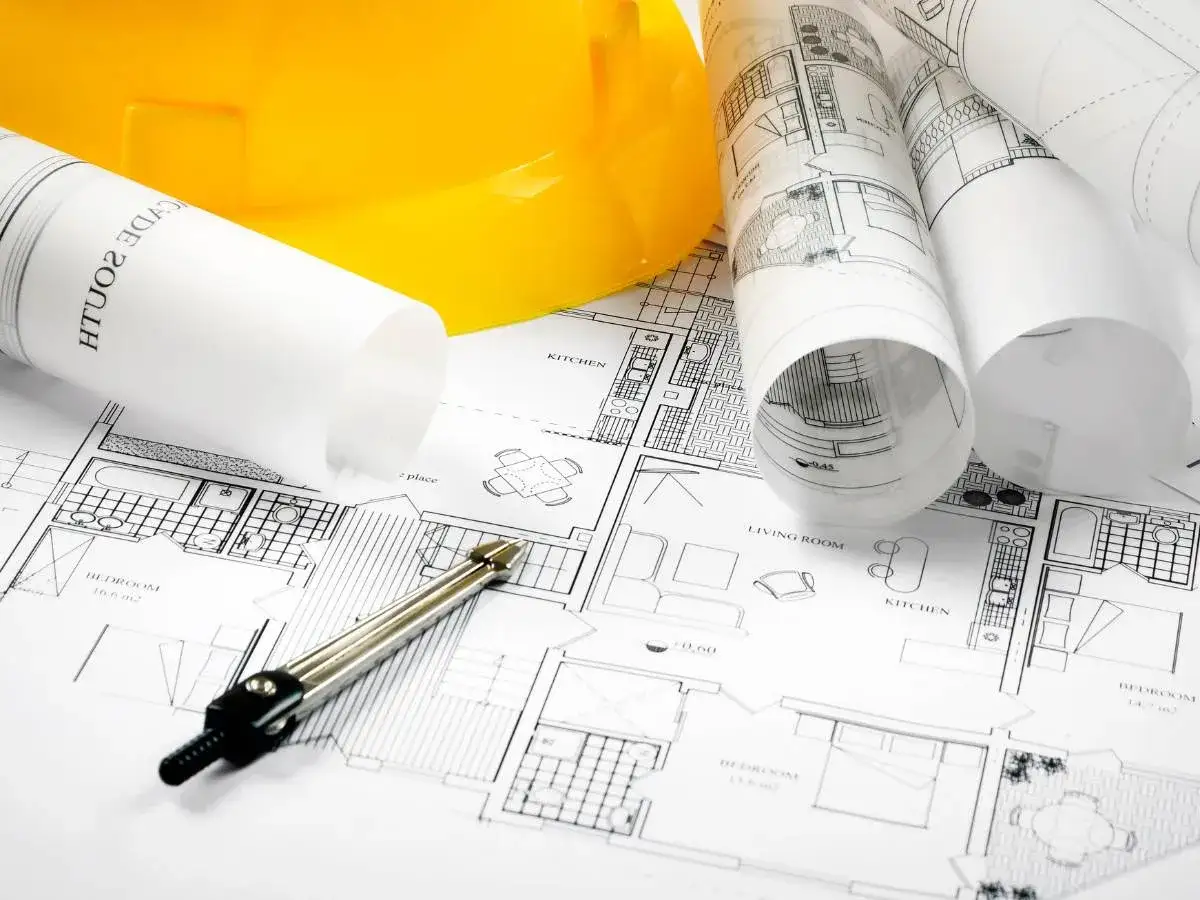 Plany architektoniczne, cyrkiel i żółty kask budowlany. Czy budynek odebrany, ale niezgodny z projektem, doczeka się poprawy?