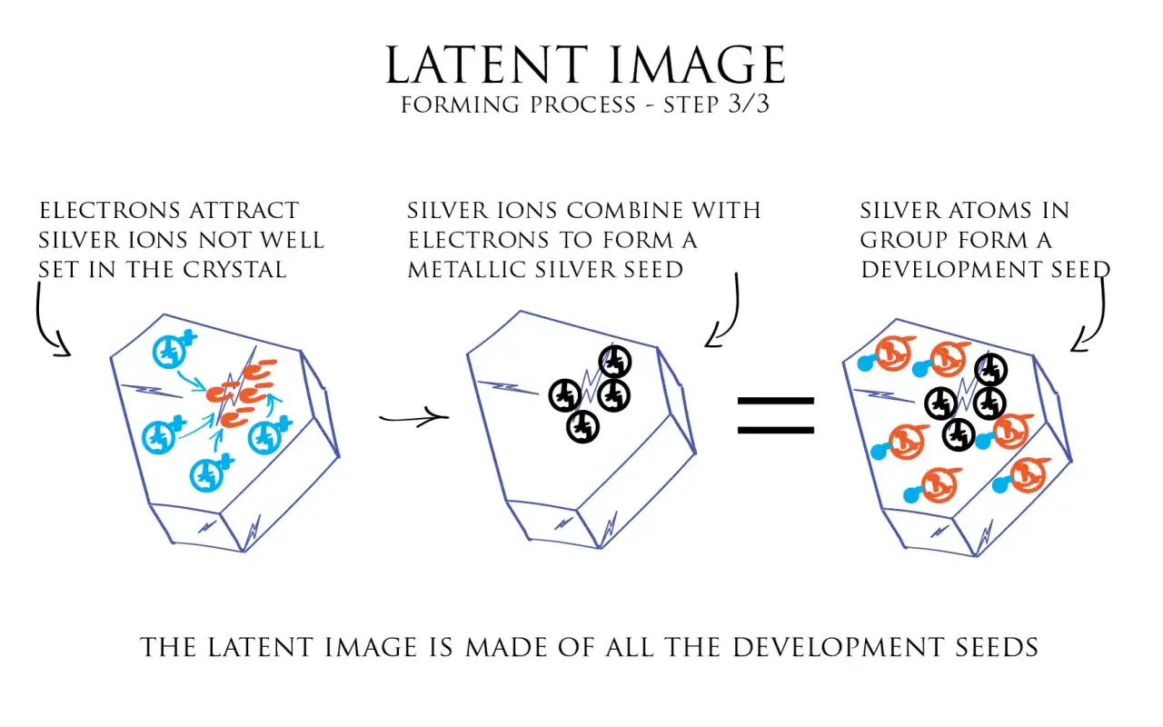 Obraz na kliszy fotograficznej: elektrony przyciągają jony srebra, tworząc zalążek metalicznego srebra, kt&oacute;ry staje się zalążkiem wywołania.
