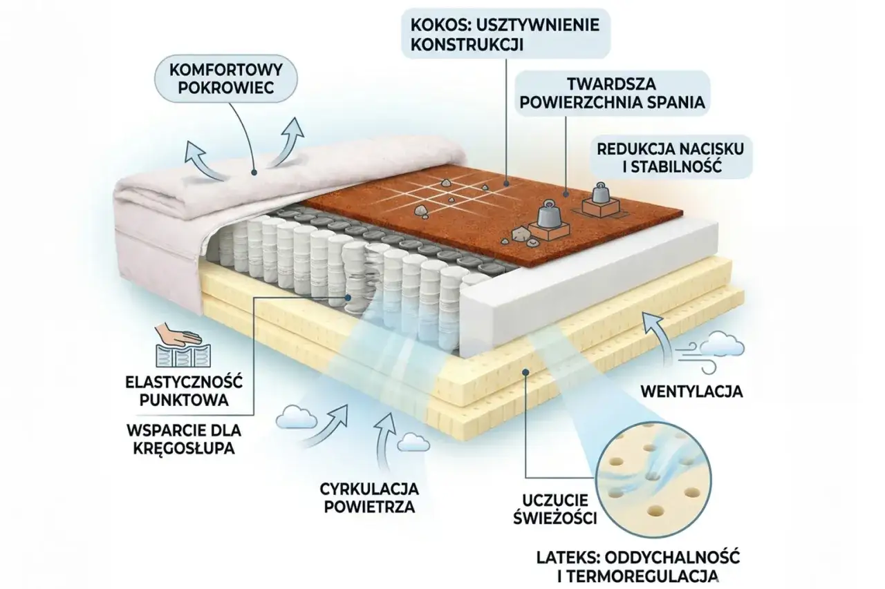 Przekr&oacute;j materaca z widoczną wkładką kokosową, sprężynami kieszeniowymi, lateksem i pokrowcem. Opisuje zalety: twardość, wentylację, wsparcie kręgosłupa.
