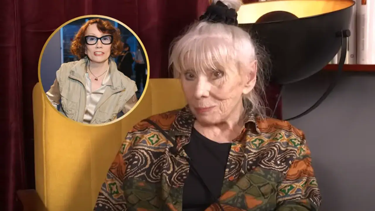 Olga Lipińska w swoim kultowym stylu, wspominając czasy kabaretu. Obok młodsza wersja artystki.