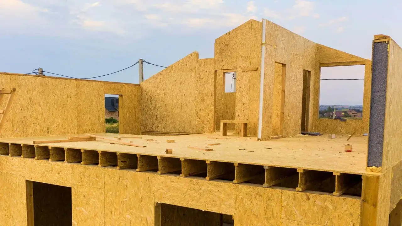 Budowa domu modułowego w toku. Widoczne ściany z płyt OSB i konstrukcja stropu. Szybkość budowy to kluczowa zaleta.