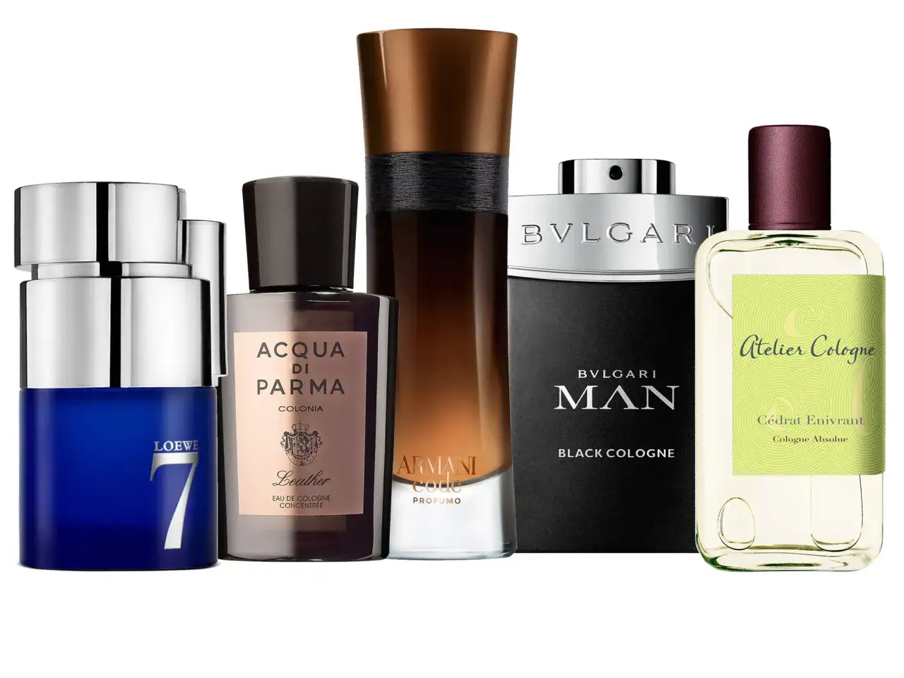 Kolekcja męskich zapachów: Loewe 7, Acqua di Parma Leather, Armani Code Profumo, Bvlgari Man Black Cologne, Atelier Cologne Cedrat Enivrant.