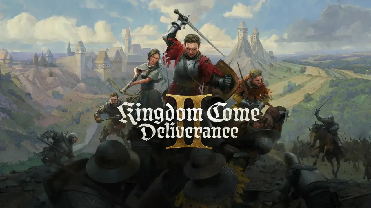 Rycerze walczący w bitwie, z zamkiem w tle. Logo Kingdom Come: Deliverance 2.