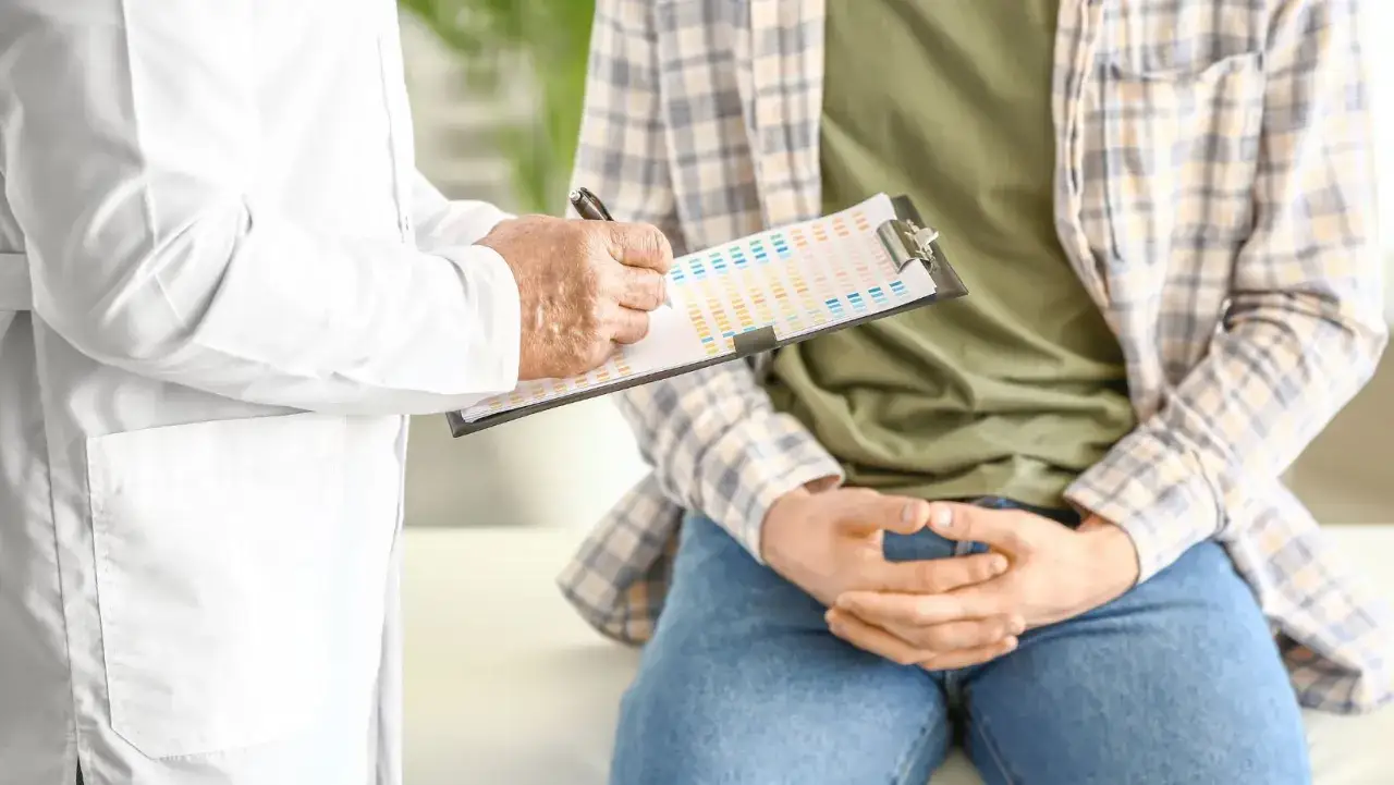 Lekarz w białym fartuchu notuje wyniki badania urologicznego u mężczyzny. Widoczny fragment dokumentu z kolorowymi paskami.