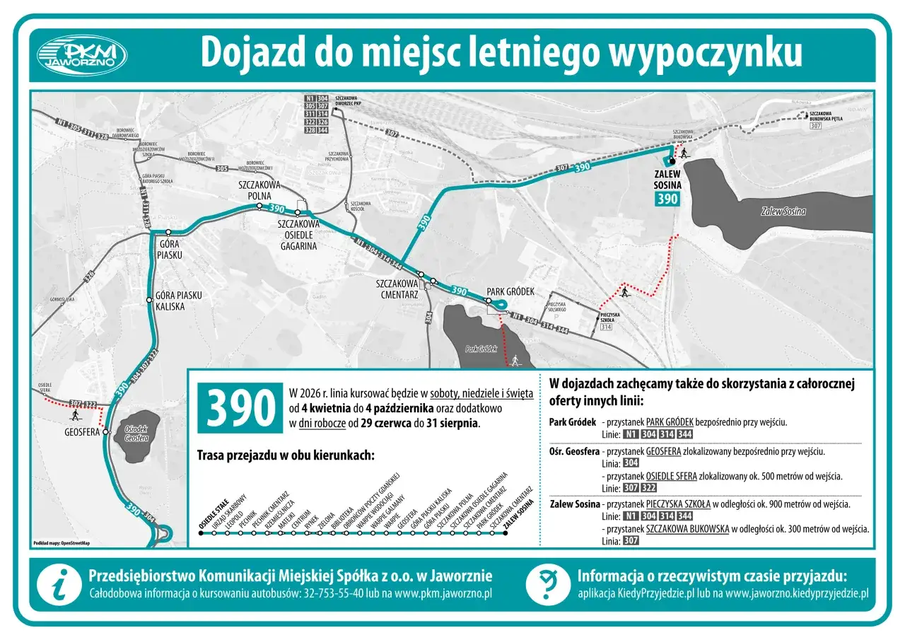 MPK Jaworzno rozkład jazdy linii 390 do Zalewu Sosina i Parku Gródek. Mapa z trasą i przystankami.