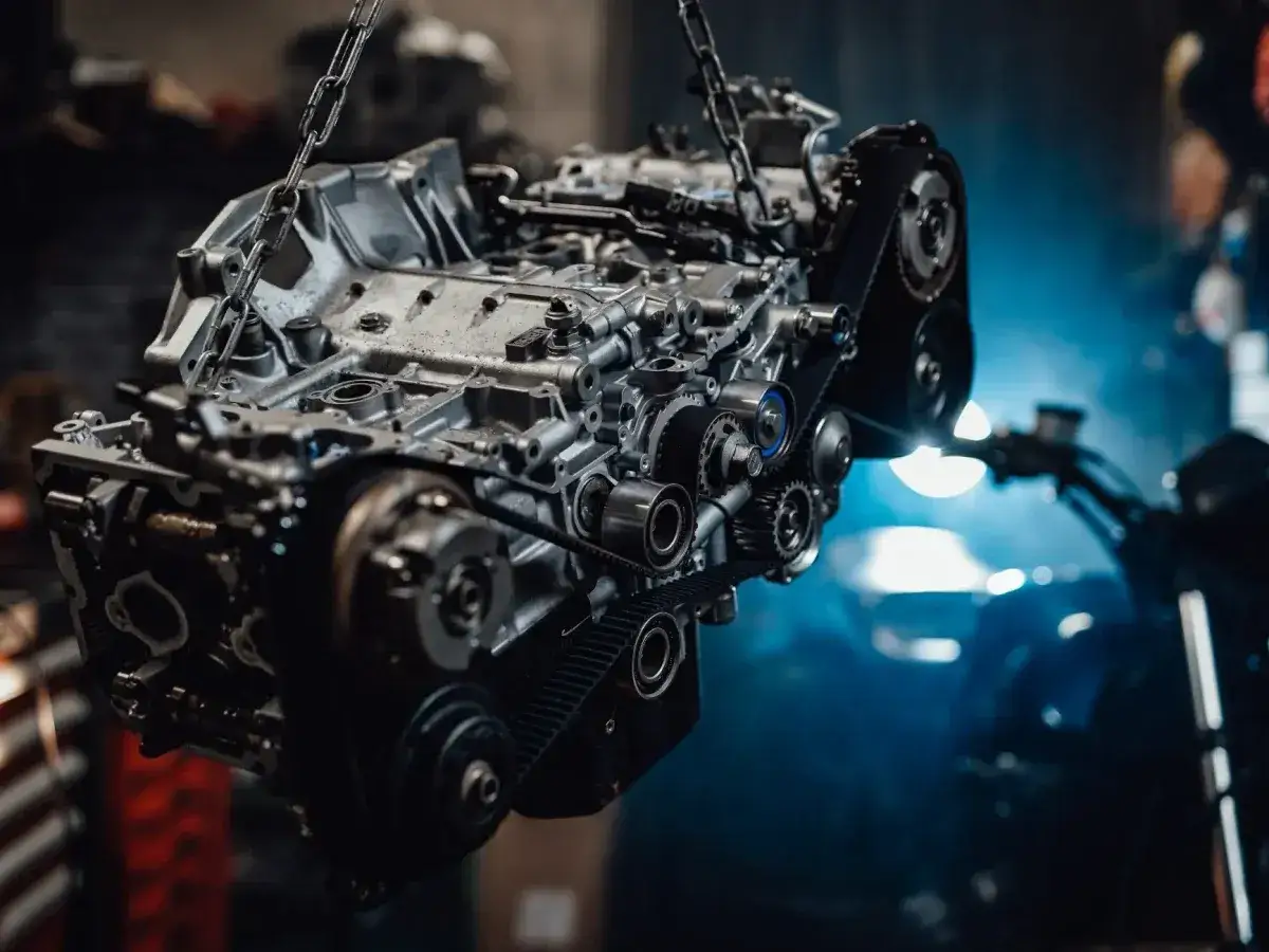 Silnik samochodowy zawieszony na łańcuchu. Zbliżenie na detale mechaniczne, paski i koła zębate. Pomocne przy diagnozowaniu, jak sprawdzić czy silnik jest spalony.