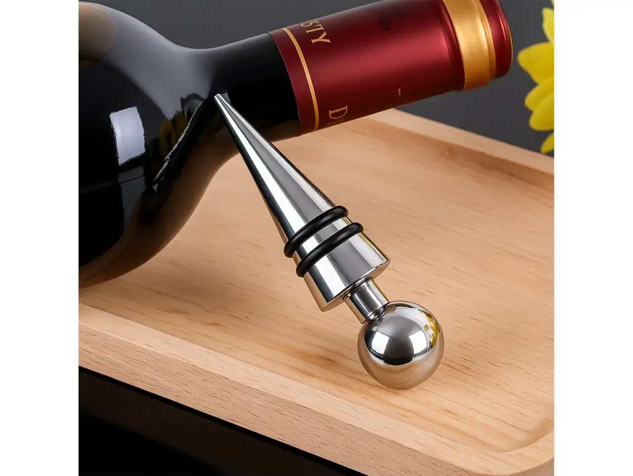 Wino z nakrętką zamiast korka: czy warto kupować? Mity i fakty. Metalowy korek do wina na drewnianej tacy.