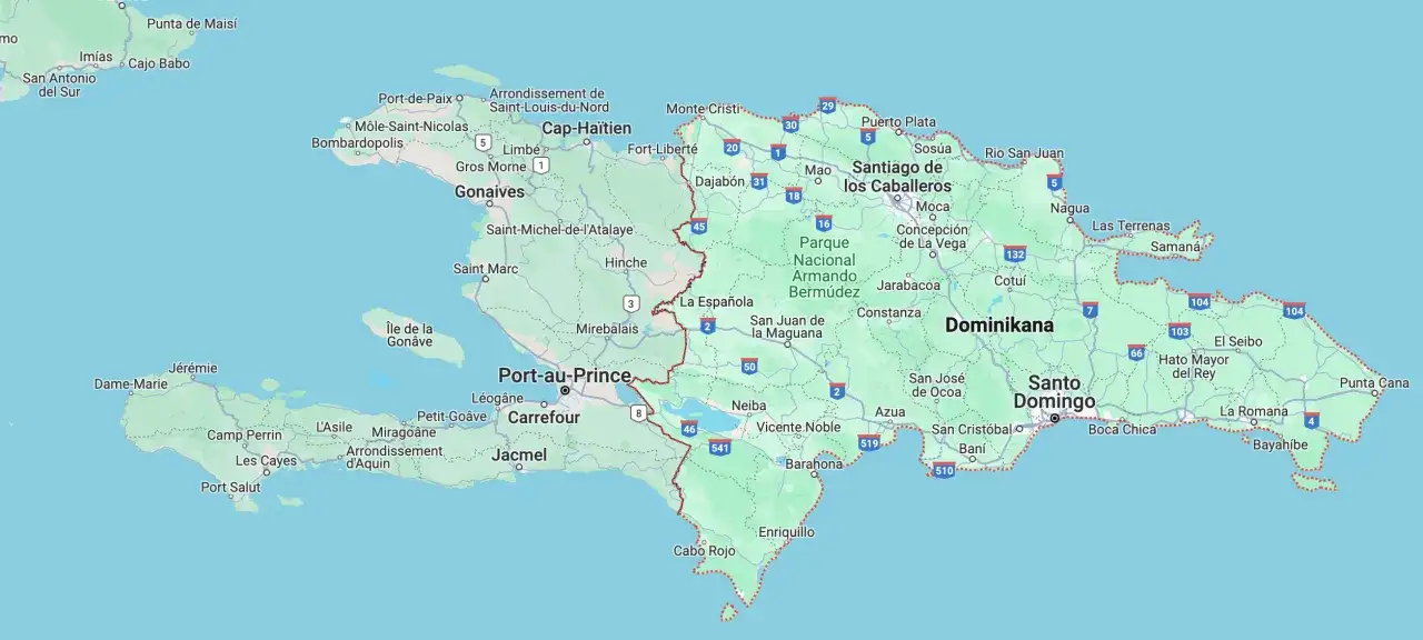 Mapa Dominikany z zaznaczonym Morzem Karaibskim i Oceanem Atlantyckim