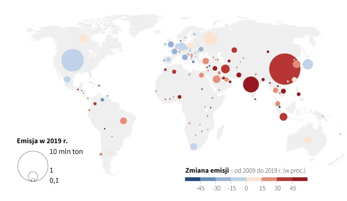 Mapa emisji CO2 na świecie kraje