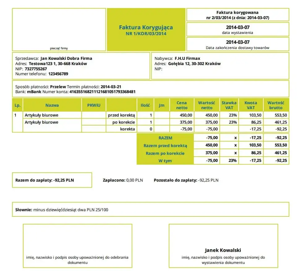 schemat faktury korygującej