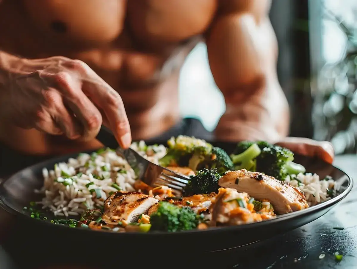 Mięśnie i talerz z kurczakiem, ryżem i brokułami. Idealny posiłek dla diety 3000 kcal jadłospis tygodniowy.