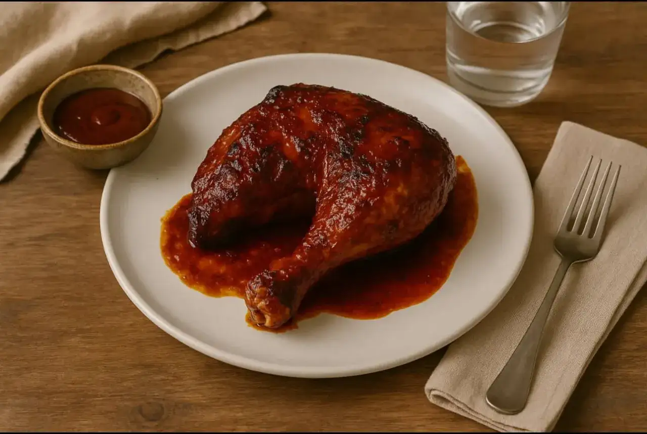 Soczysty kurczak w marynacie BBQ, podany na talerzu z sosem. Obok miseczka z dodatkowym sosem i szklanka wody.