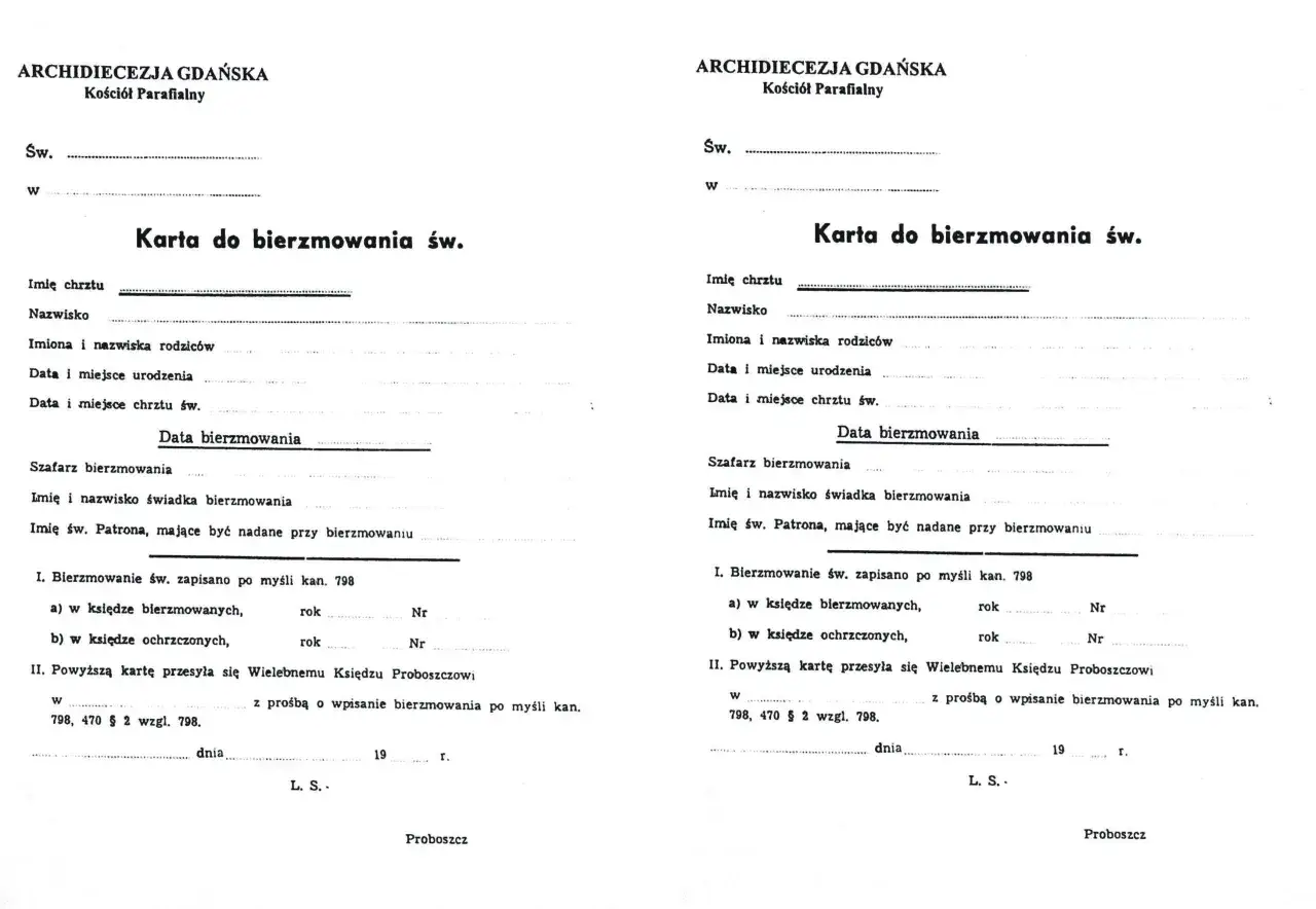 Karta do bierzmowania św. z Archidiecezji Gdańskiej. Dokument zawiera dane kandydata, rodziców, świadków i datę sakramentu.