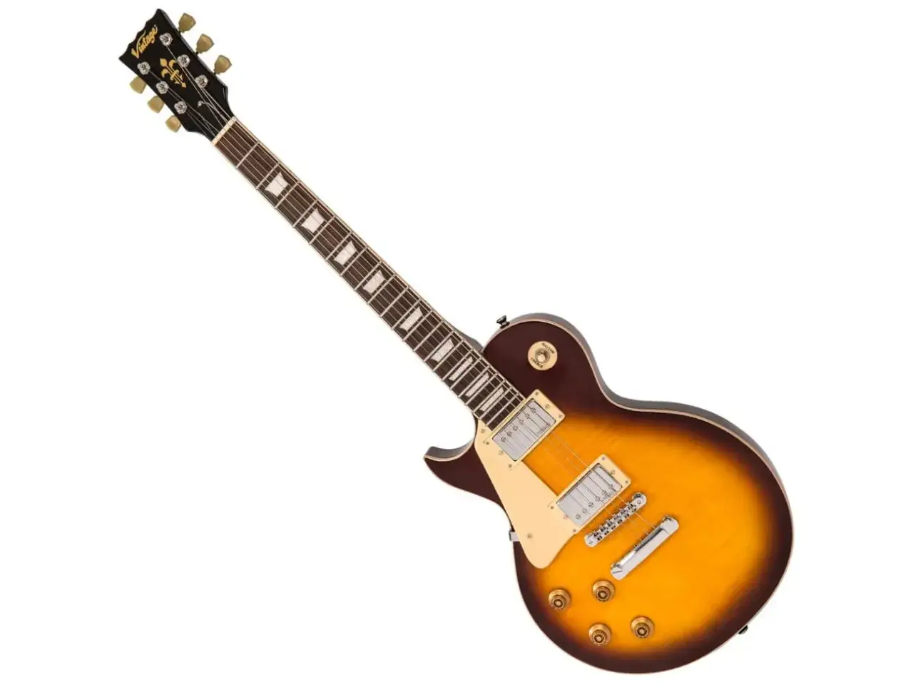 Elegancka gitara elektryczna leworęczna w kolorze sunburst, z ciemnym tyłem i bokami.