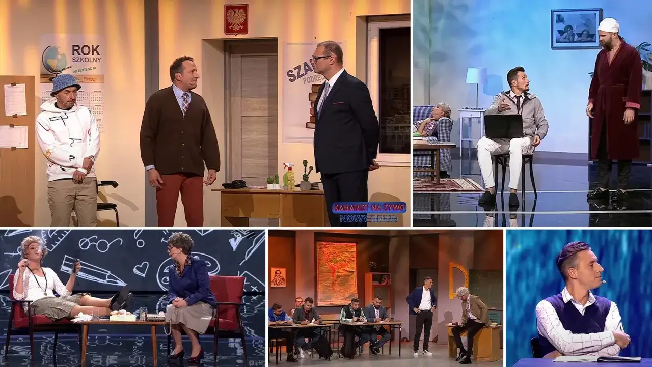 Scena z kabaretu na zakończenie roku szkolnego: uczniowie i nauczyciele w humorystycznych sytuacjach.