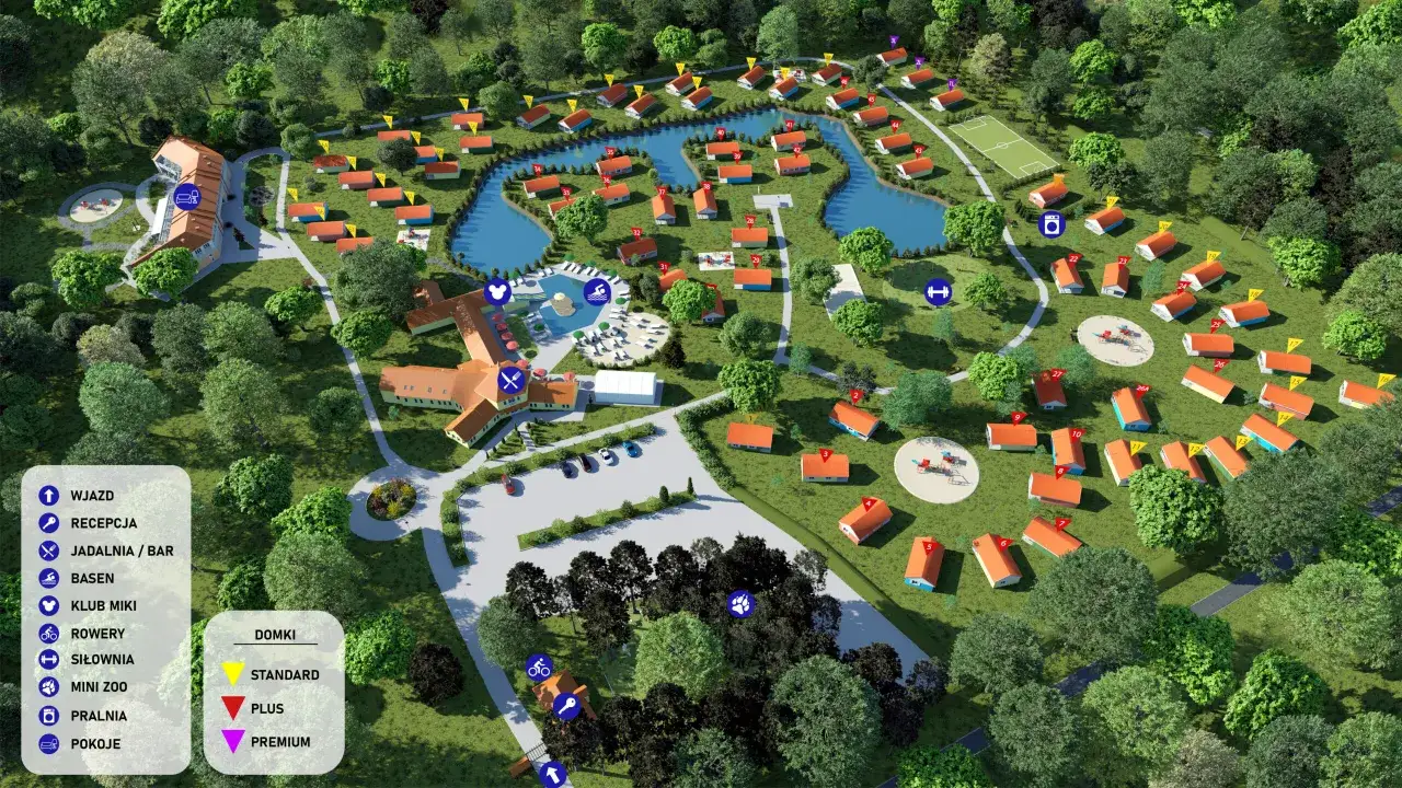 Urocze domki nad morzem z psem, otoczone zielenią, z basenem i placem zabaw. Idealne miejsce na wypoczynek.