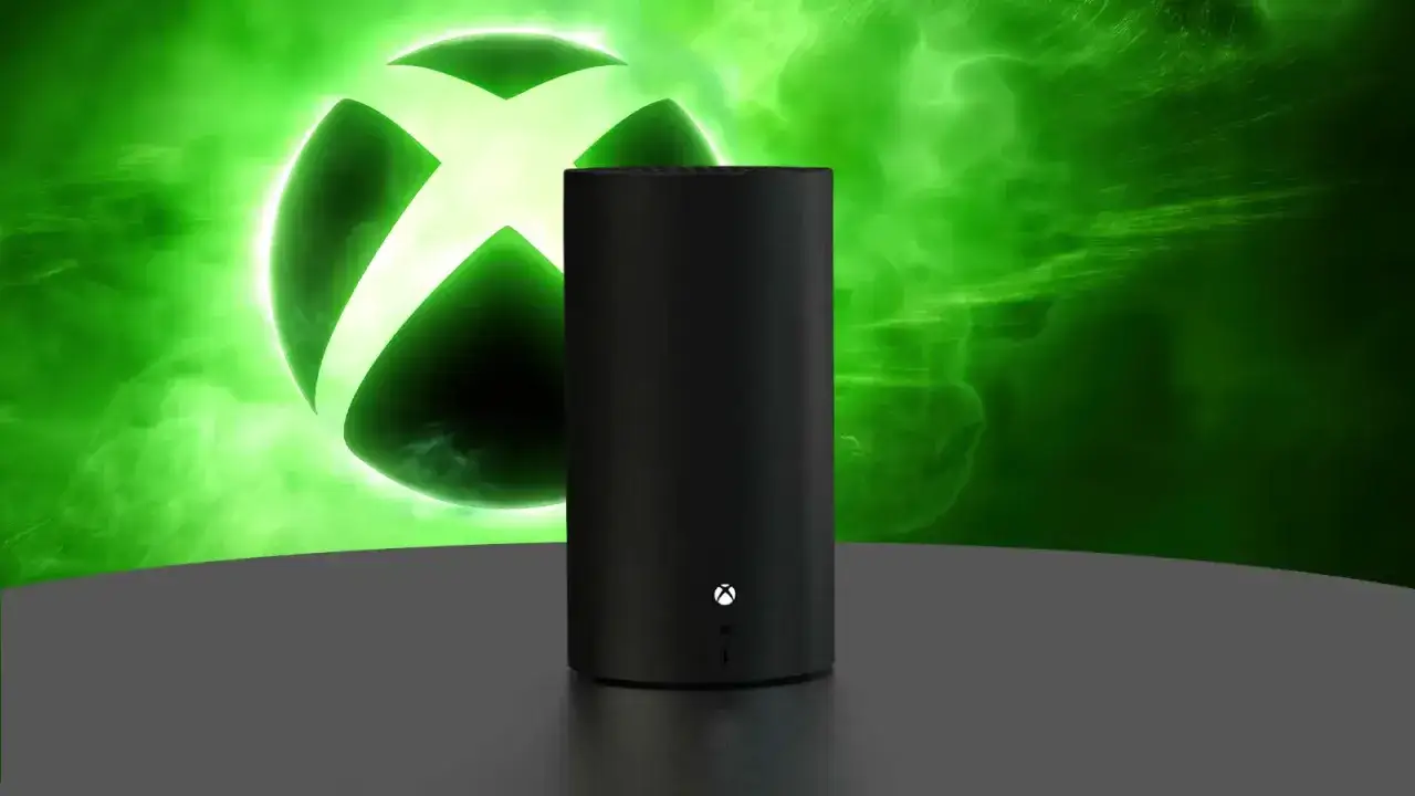 Czarny, pionowy Xbox Series X na tle zielonej poświaty z logo Xbox. Czekam na kiedy nowy Xbox!
