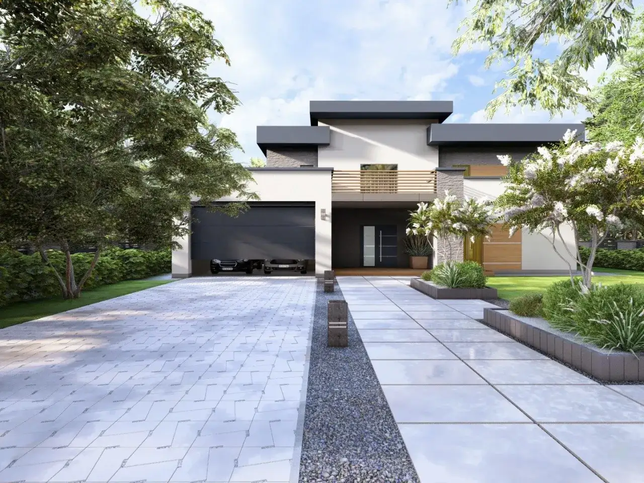 Nowoczesny dom z podjazdem z kostki brukowej. Inspiracje dla Twojego ogrodu i posesji.