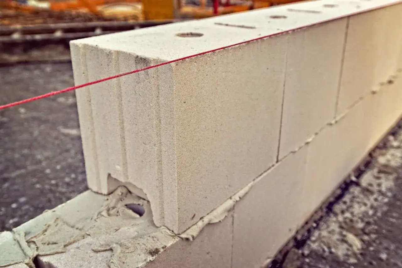 Czerwona nić wyznacza prostą linię dla budowy ściany z bloczków betonowych. Obliczanie, ile bloczków betonowych na metr, to klucz do efektywnej budowy.