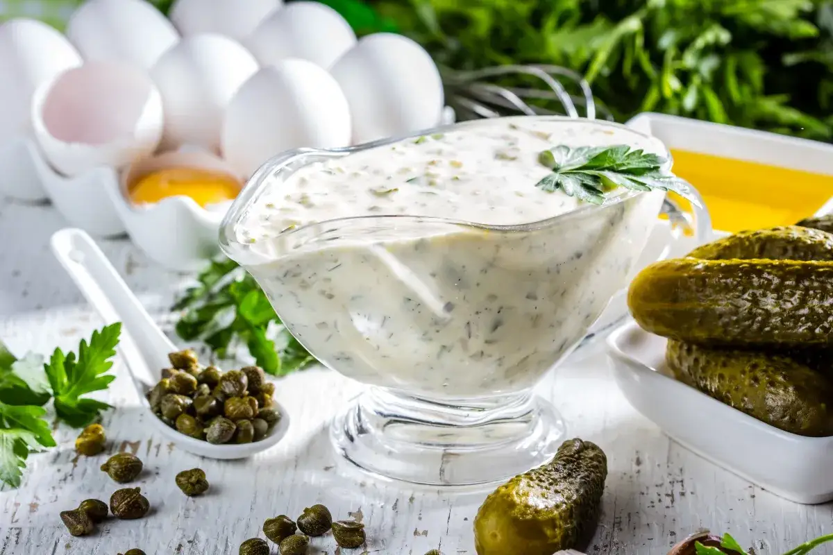 Kremowy sos tatarski w sosjerce, obok jajka, kaparów i ogórków konserwowych. Idealny dodatek do wielu dań.