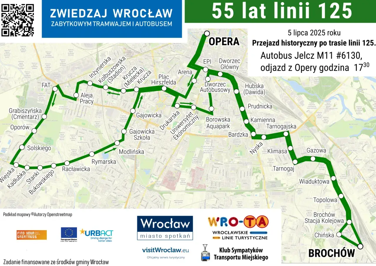 Mapa trasy autobusu 125 Wrocław