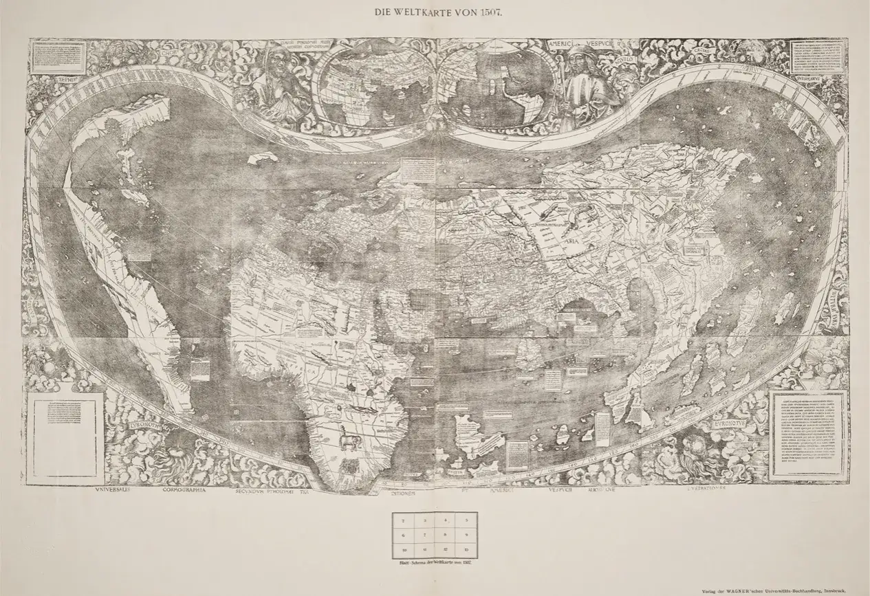 Mapa świata z 1507 roku, ukazująca Amerykę, co odkrył Amerigo Vespucci.