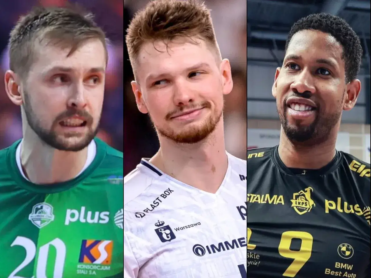 Trzech siatkarzy Plus Ligi. Jeden w zielonej koszulce z numerem 20, drugi w białej, trzeci w czarnej z numerem 9.