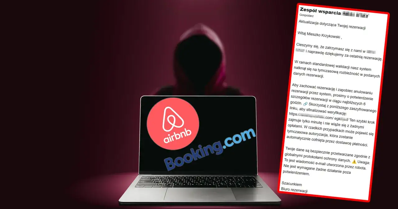 Haker w kapturze i laptop z logo Airbnb i Booking.com. Czy Airbnb jest bezpieczne? Wiadomość ostrzega przed oszustwami.