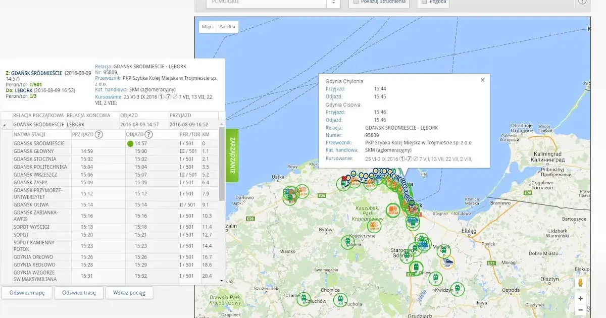 Mapa lokalizacji pociąg&oacute;w PKP Intercity w czasie rzeczywistym