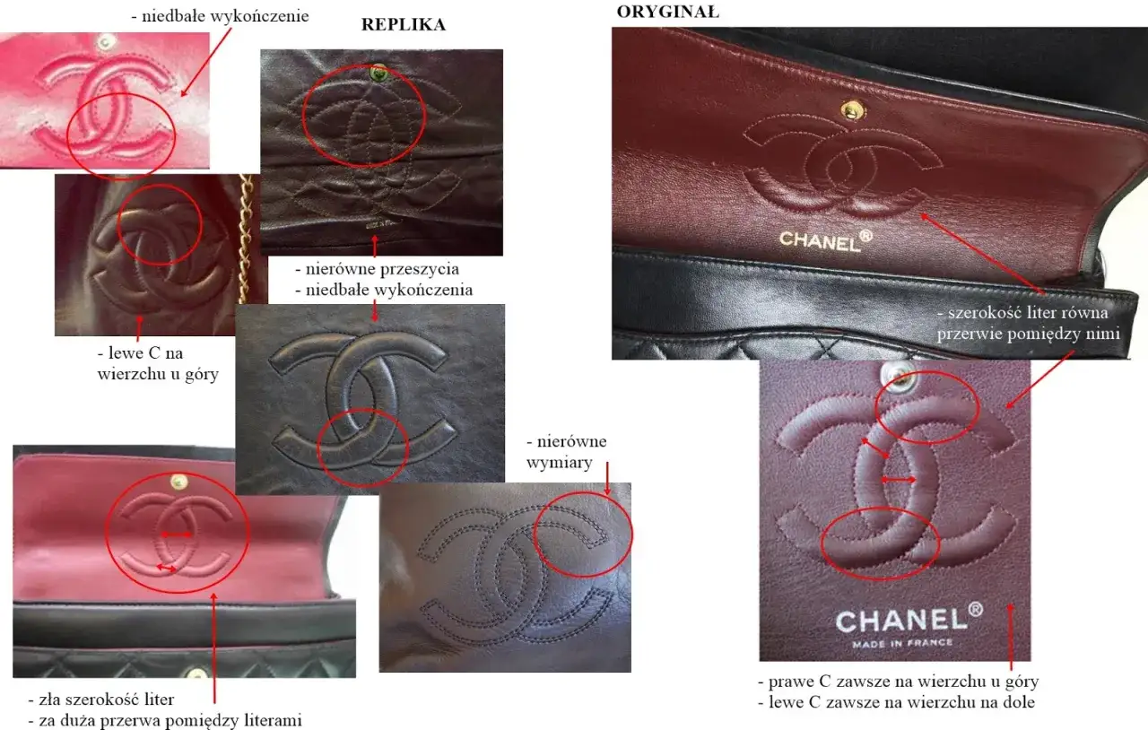 Porównanie pikowanej chanel torebki: oryginał ma idealne logo, replika niedbałe wykonanie i nierówne przeszycia.