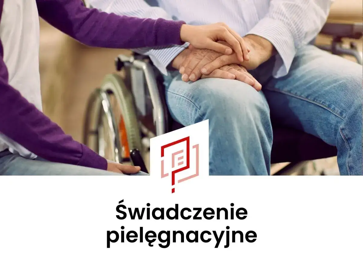 Dłonie młodej osoby obejmują dłonie starszego mężczyzny na wózku inwalidzkim. Informacja o tym, komu przysługuje świadczenie pielęgnacyjne.