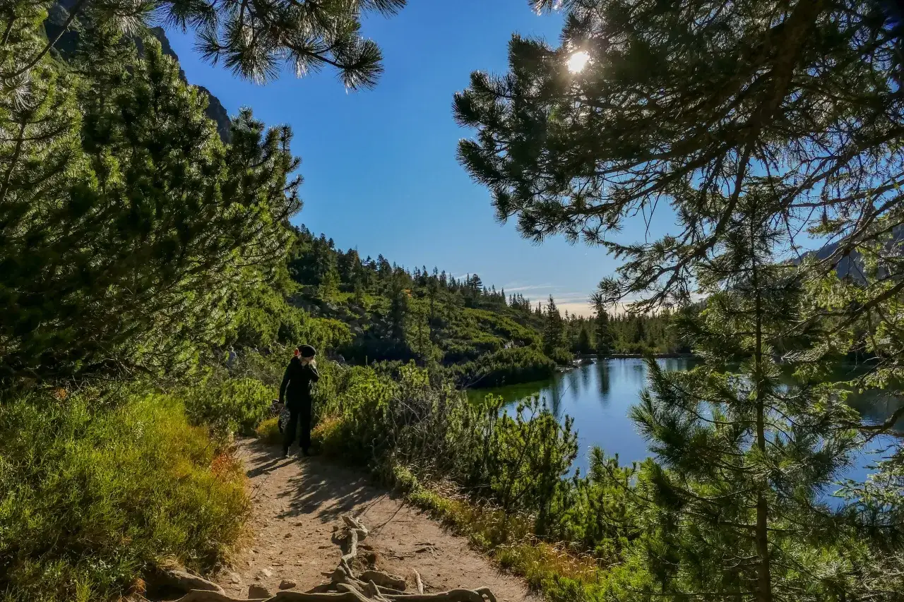 Spacer po ścieżce w górach, w oddali jezioro i las. Widok na przełęcz pod Osterwą.