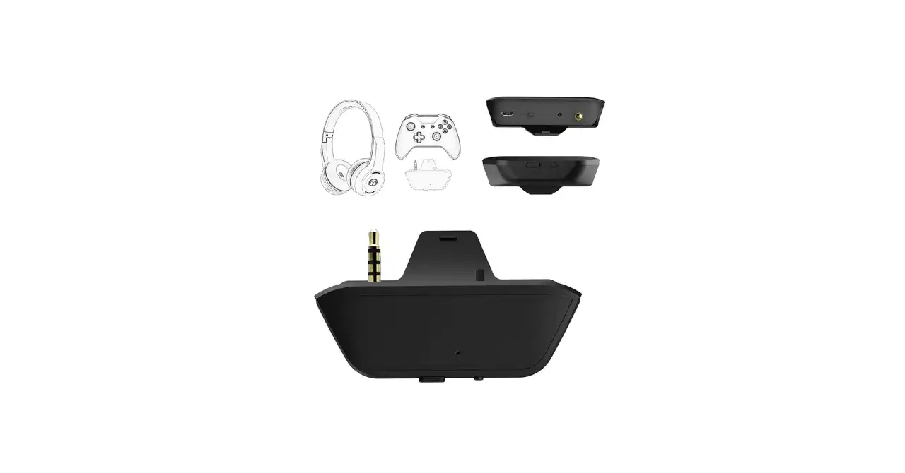 Akcesoria do bezprzewodowego połączenia słuchawek z Xbox One: słuchawki, kontroler, adapter i wtyczka jack.