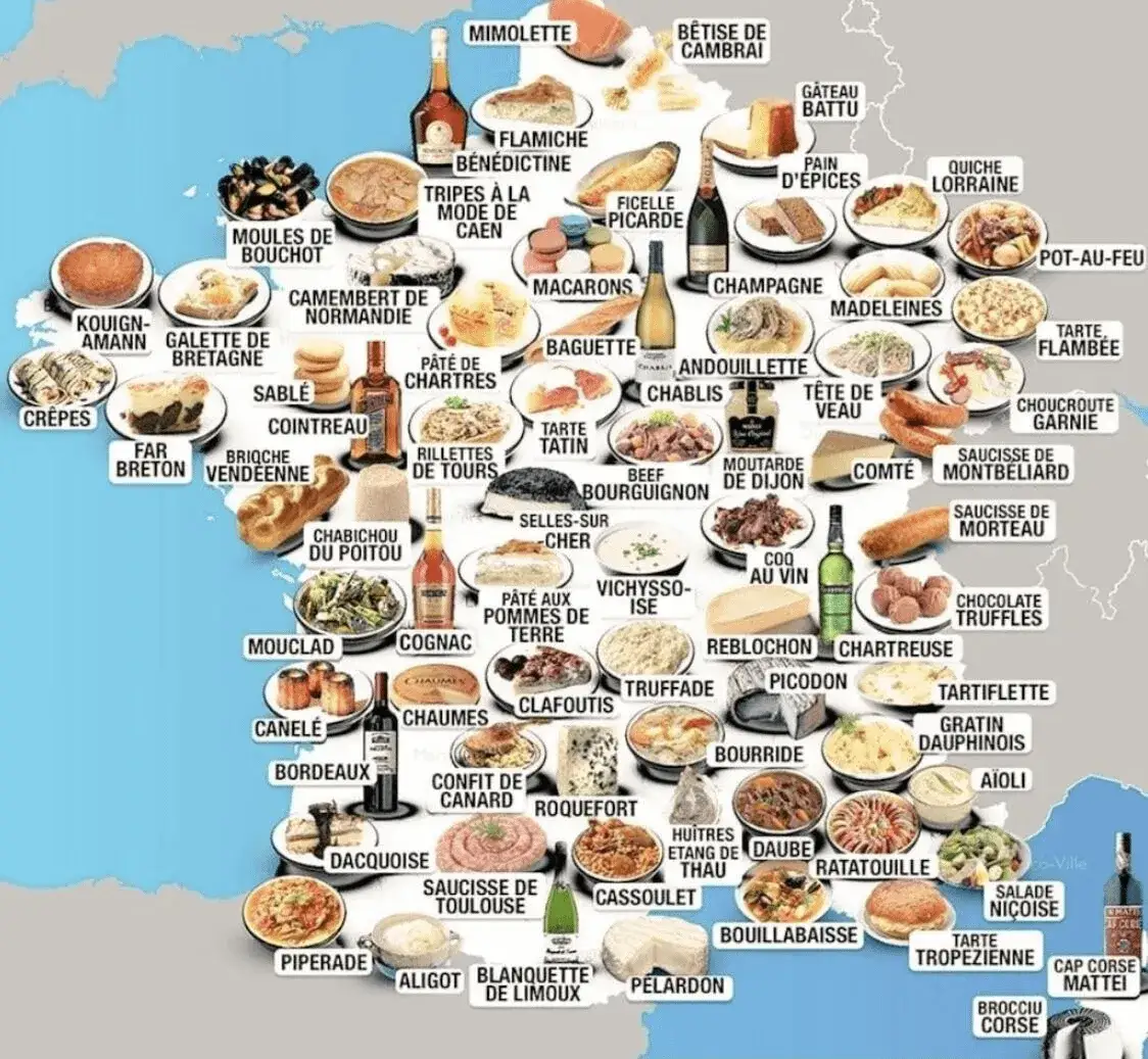 Mappa della Francia con indicazioni di specialità dolci regionali
