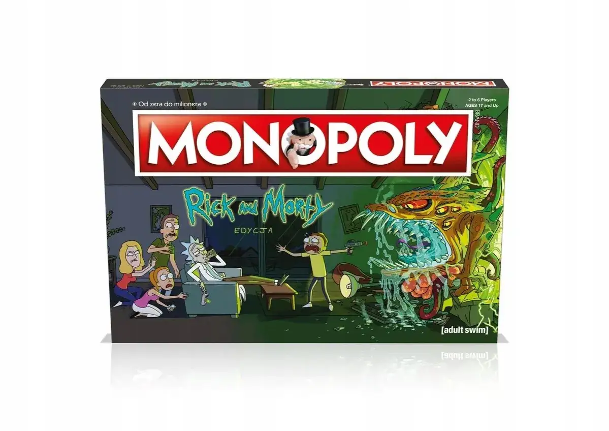 Pudełko gry planszowej Monopoly: Edycja Rick and Morty. Rodzina Smithów mierzy się z potworem.