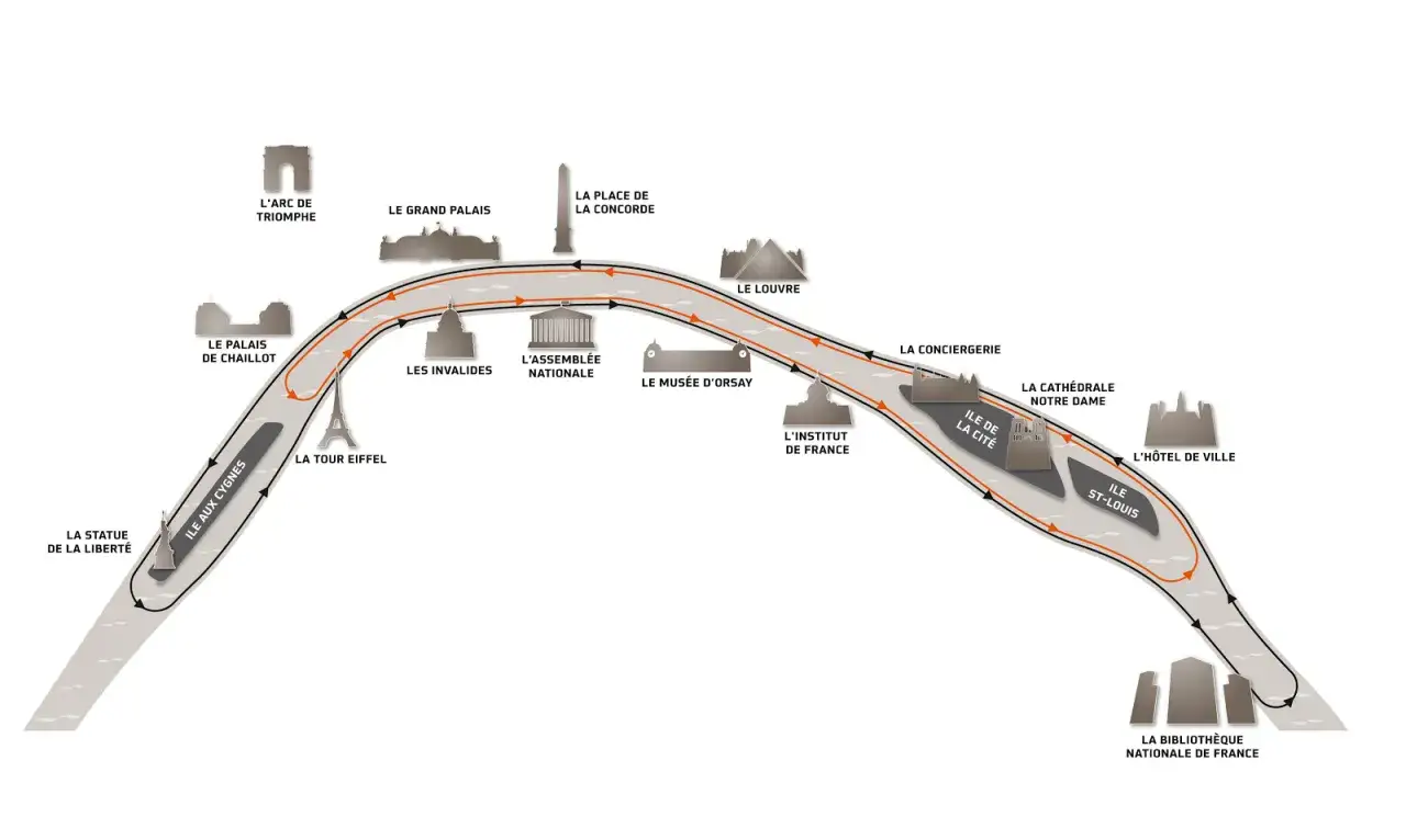 Mapa turystyczna Paryża, pokazująca trasę wzdłuż Sekwany, z zaznaczonymi zabytkami: Wieża Eiffla, Luwr, Notre Dame.