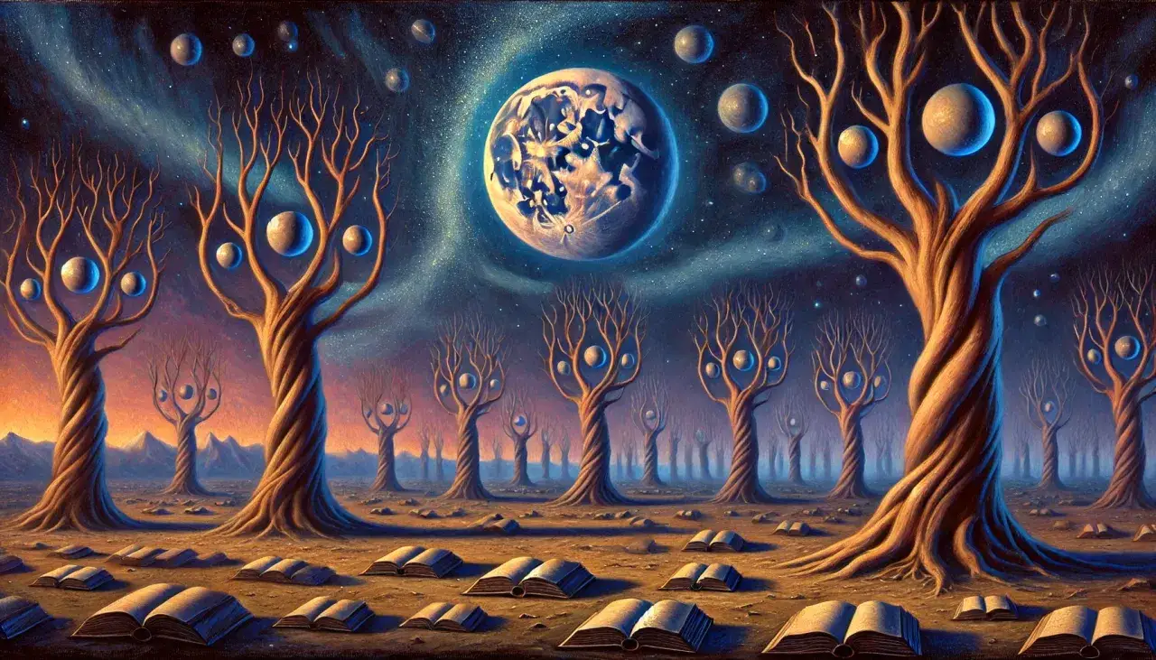 Niesamowity krajobraz, gdzie drzewa z kulistymi owocami rosną wśród otwartych ksiąg. To kwintesencja surrealizmu w malarstwie, z planetą na nocnym niebie.