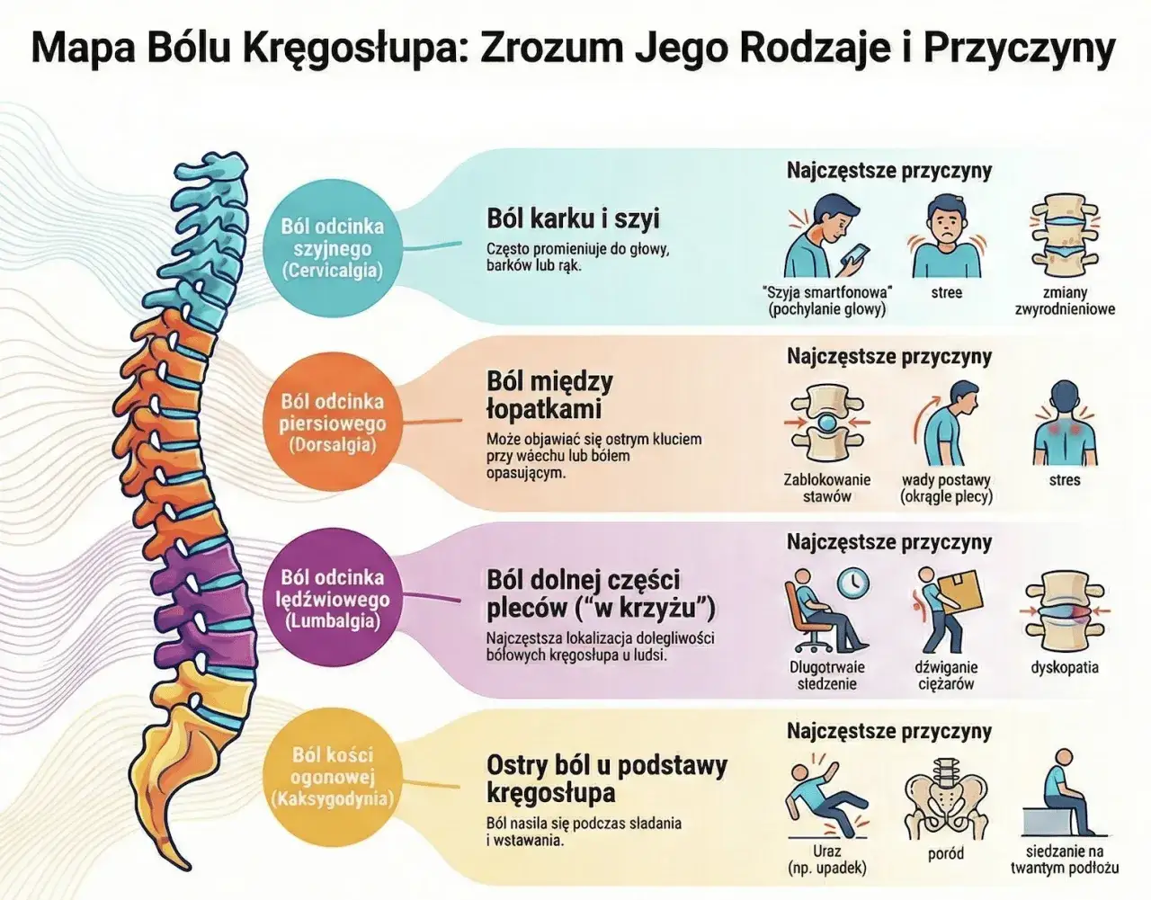 Objawy skręcenia kręgosłupa lędźwiowego infografika