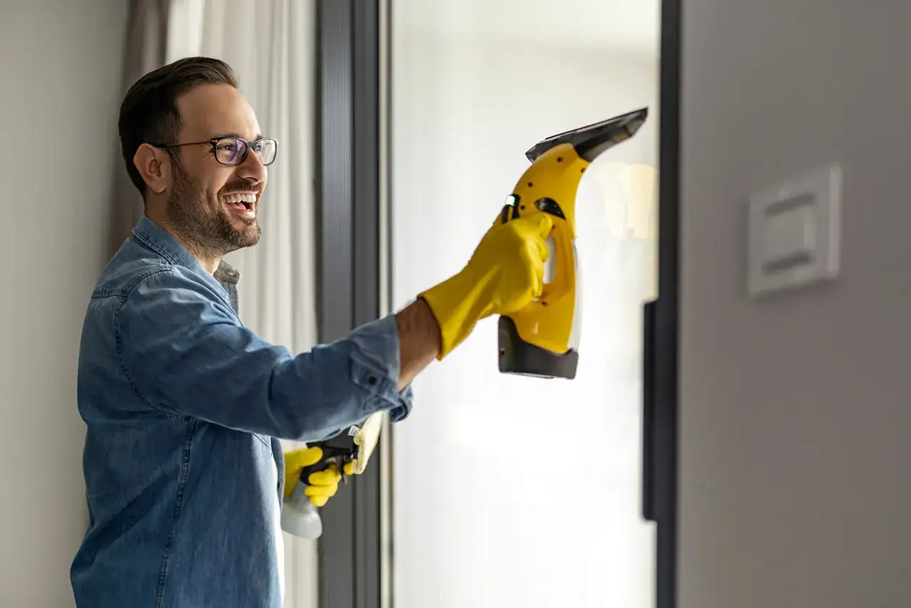 Uśmiechnięty mężczyzna w żółtych rękawiczkach używa myjki Karcher do okien. Dowiedz się, dlaczego zostają smugi po myjce Karcher i jak ich unikać.