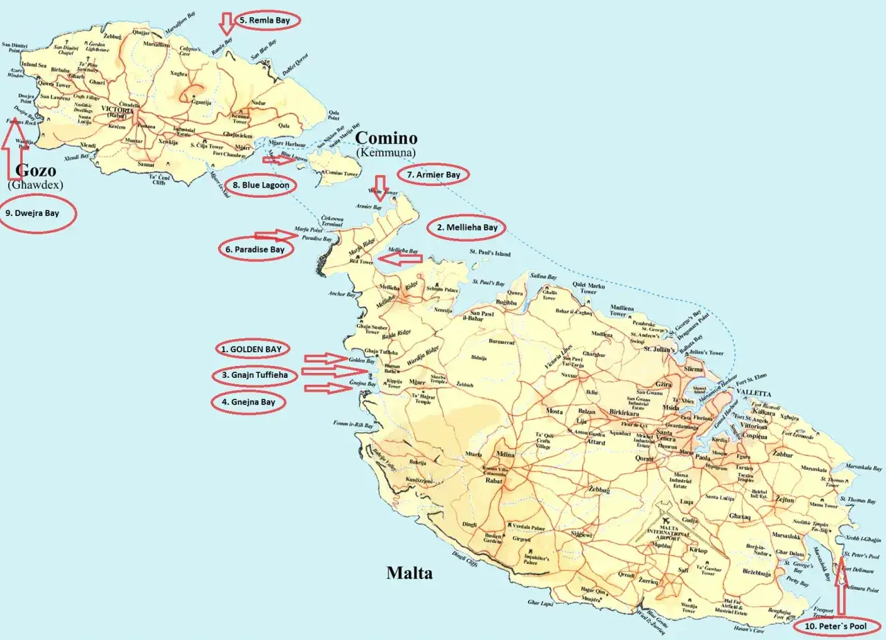 Mapa pokazuje, gdzie leży Malta na mapie, z zaznaczonymi wyspami Gozo i Comino oraz licznymi zatokami i miejscowościami.