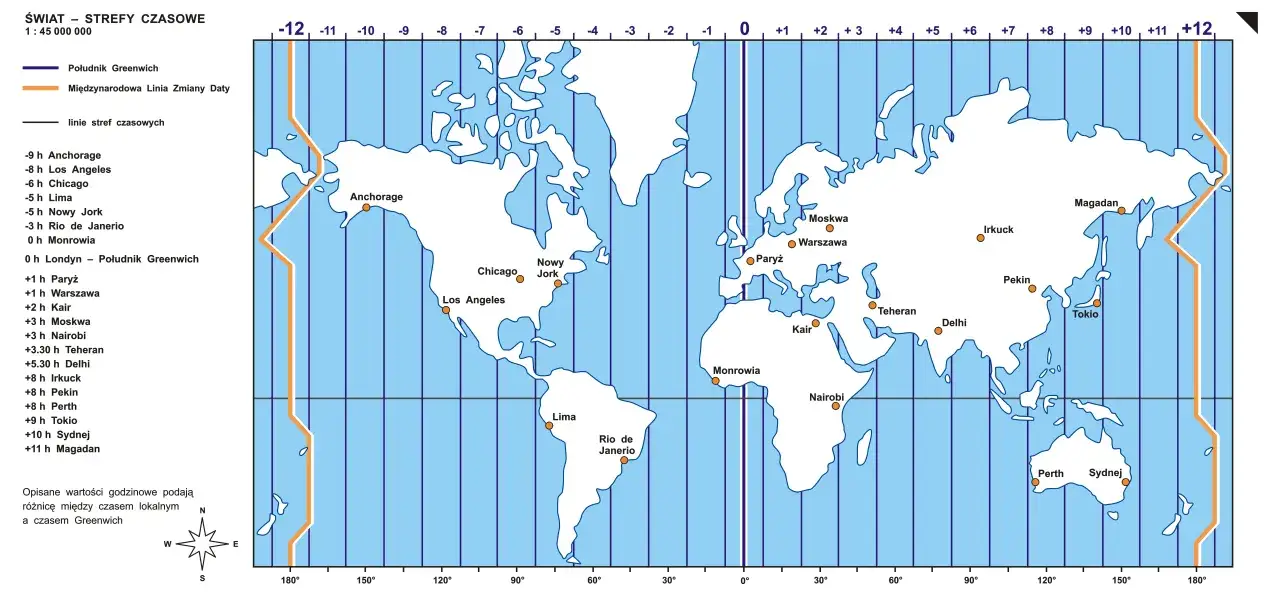 Mapa świata ze strefami czasowymi. Warszawa (+1h) i Sydney (+10h) dzieli 9 godzin różnicy.