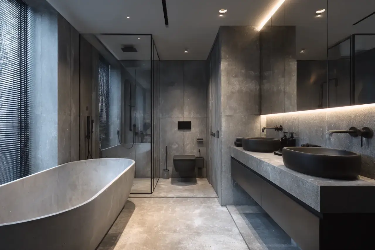 Nowoczesna łazienka z betonową wanną i dwoma umywalkami. Beton architektoniczny jako materiał, co zamiast tynkowania ścian, nadaje surowego charakteru.