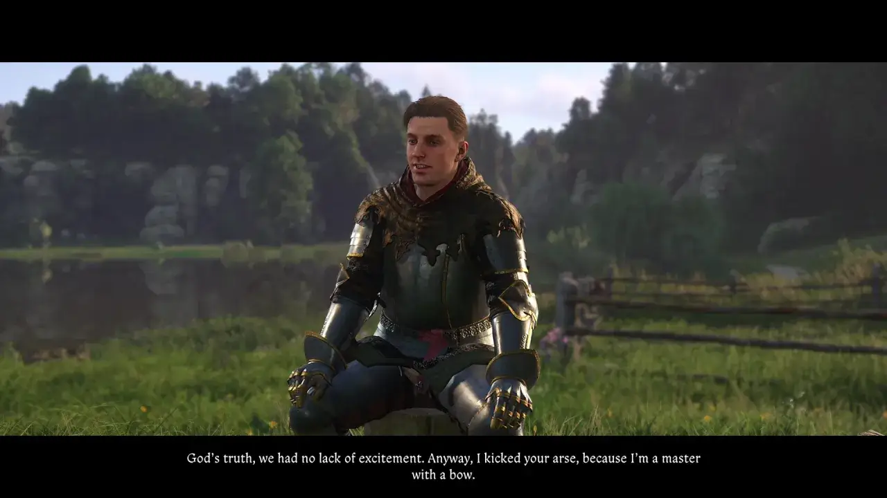 Rycerz w zbroi w Kingdom Come Deliverance, z tekstem o kodach.