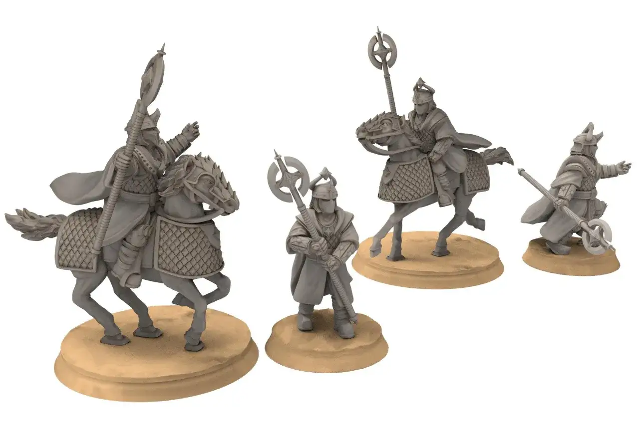 Figurki do gry bitewnej Middle-earth Strategy. Rycerze na koniach i piechurzy w zbrojach, gotowi do walki.